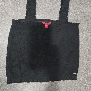 Guess Black Smocked Tank with Ruffled Straps and Gold Logo